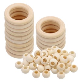 PATIKIL Natural Wood Rings and Unfinished Wooden Beads Set, 15Pcs 40mm Wood Hoop & 30Pcs 20mm Wood Color Round Loose Beads for DIY Pendant Connectors Jewelry Making Macrame Wall