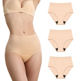 IRISMORII Seamless Incontinence Leak Proof Underwear for Women Absorbent Washable Panties Postpartum Protective Brief 3 Pack (Beige L)