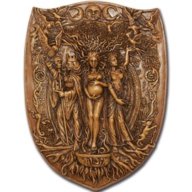 Pinra Triple Moon Wall Decor Pagan Wiccan Triple Goddess Maiden Mother Crone Shield Statue Celtic Wall Art Irish Feminism Gods Hanging Shield Wall Plaque Sculpture Khaki
