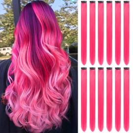 12 PCS Hot Pink Hair Extensions Clip in, Colored Party Highlights Extension for Kids Girls Synthetic Hairpiece Straight 22 inch