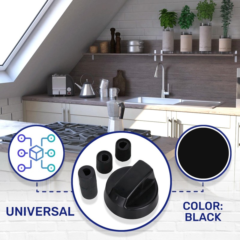 Gas Cooker Knob with 3 Concealed Axle Adapters - Black