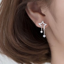 TseenYi Cz Star Dangle Drop Earrings Silver Crystal Dangle Earrings Sparkly Rhinestone Star Earrings Long Crystal Tassel Dangle Earrings Jewelry for Women and Girls Gifts