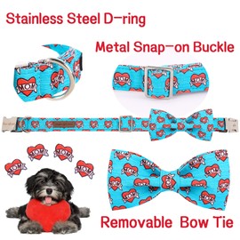 Unique style paws Dog Collar with Bow Tie Blue Heart Puppy Collar Comfy Soft Bowtie Dog Collar Best Gift for Small Medium Large Dogs-S