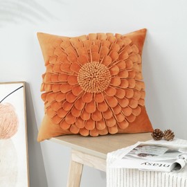 VOGOL Velvet Patchwork Throw Pillow Cover, 3D Design Sunflower Petal Square Pillowcase for Bench Floor, Invisible Zipper Accent Cushion Case for Nursery, Orange, 18 Inch, 1 Piece