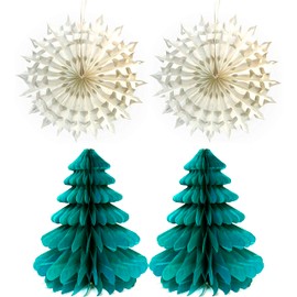 By Robelli Christmas Pack of 4 Festive 3D Paper Honeycomb Concertinas - Xmas Tree & Snowflakes