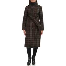Kenneth Cole Women's Wool Coat, Full Length Brown Plaid, Medium