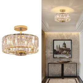 Gopmmy K9 Crystal Gold Chandelier Ceiling Lighting, 3-Lights Modern Mini Semi Flush Mount Pendant Lamp Fixture with E12 Bulb Base for Living Room Hallway Dining Bedroom (H10.4 x D12.5)