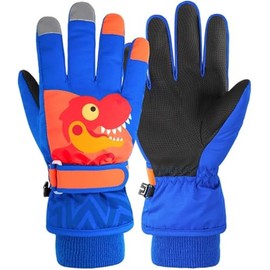 Handschuhe Kinder Winter Schneehandschuhe Skihandschuhe für 2-13 Jahre Mädchen Jungen PU Palme Wasserdicht Winddichte Warm Fleece Winterhandschuhe (Königsblau-Dinosaurier, L (10-13 Jahre alt))