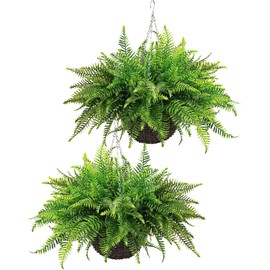 QIANYUN Fake Fern Outdoor Artificial Plants-2-Pack Artificial Outdoor Hanging Fern Faux Greenery UV Resistant Plastic Plants for Front Porch Living Room Garden Decor- Including Hanging Planters