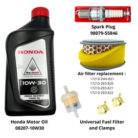 Tune Up Kit for Honda GX120 Engine with Genuine Motor Oil 08207-10W30, Replacement Air Filter 17210-Z4H-821 17210-ZE0-505 17210-ZE0-820, Spark Plug 98079-55846 BPR5ES, Fuel Filter