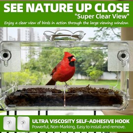 WENMIXER Window Bird Feeder with Non-Marking Self-Adhesive Hooks, Clear and Transparent, Outdoor Wild Bird Watching Gift, Garden Decor (Standard)