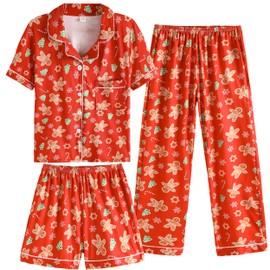 Vopmocld Girls Pajama Sets - 3pcs Button Down Short Sleeve Long Pants With Shorts Sleepwear Cute Patterns Nighty For Teens Cute Christmas Gingerbread, Xmas Gingerbread, 10