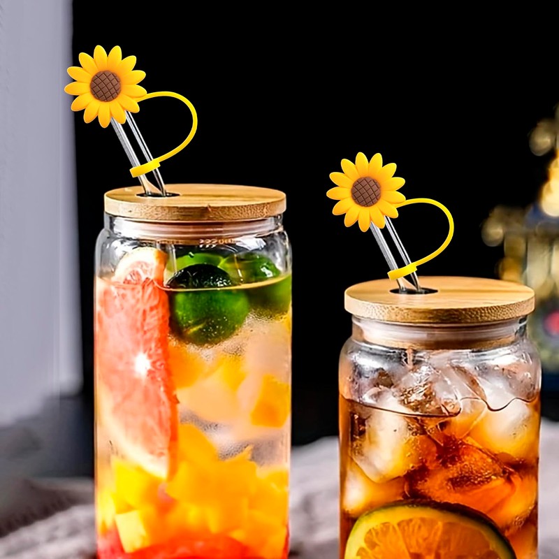 Joez Wonderful 2pcs Sunflower Straw Toppers 10mm, Reusable Silicone Straw