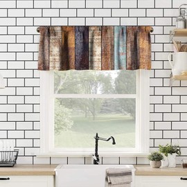 Barn Door Valances Curtains Vintage Rustic Wooden Farmhouse Brown Plank Western Retro Countryside Windows Short Curtain Valance for Kitchen Bathroom Decor with Rod Pocket, One Panel 54X18 Inches