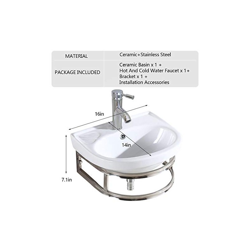Kelendle 16" Small Ceramic Sink with Faucet and Bracket Wall