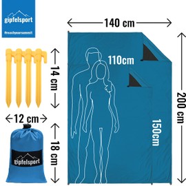 gipfelsport Picnic Blanket, Outdoor Picnic Blanket, Beach Blanket, Waterproof, Washable, Sand-Free, 200 x 140 cm, blue, 200x140cm
