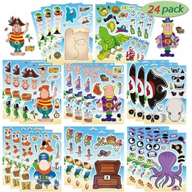 24 Sheets Pirate Face Stickers for Kids - Make Your Own Pirate Stickers Kit with Jolly Roger, Skull & Crossbones - Creative Make-a-Face Stickers, Pirate Party Favors & Decorations