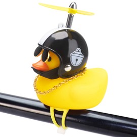 wonuu Rubber Duck Toy Car Ornaments Yellow Duck Car Dashboard Decorations Squeeze Duck Bicycle Horns with Propeller Helmet (Black Hat White Bell-Light)