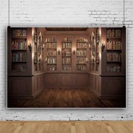 OERJU 8x6ft Vintage Wood Bookshelf Backdrop Indoor Bookcase School Library Study Room Photography Background Office Backdrop for Video Conference Vintage Party Vinyl Online Video Shooting