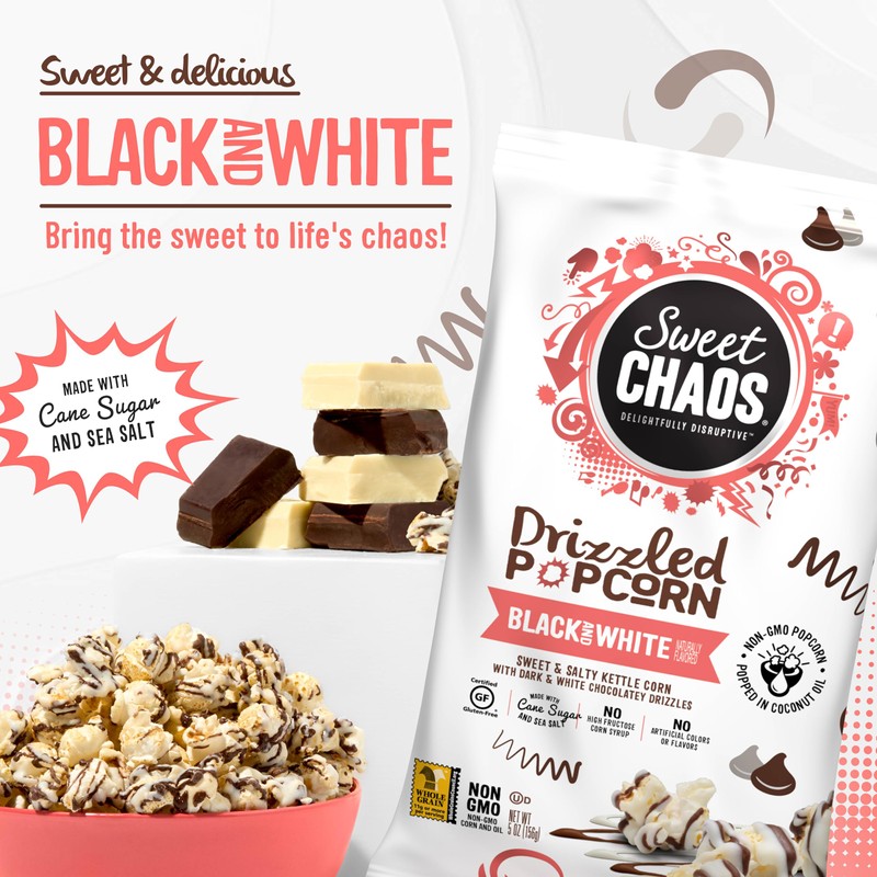 Sweet Chaos Black and White Drizzled Popcorn | Naturally Flavored