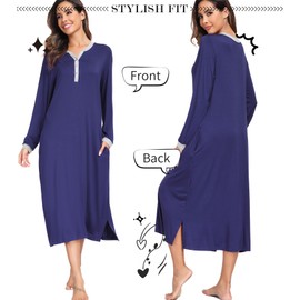 Vlazom Women's Long Nightgown Soft Baggy Nightdress Plus Size Nightshirt V Neck Sleep Dress Sleepwear Loungewear with Pockets, B-Navy, XL