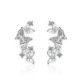 Hollow Butterfly CZ Cuff Wrap Studs Earrings for Women Pierced Ear Sterling Silver Plated Fashion Cubic Zirconia Cute Filigree Crawler Climber Hypoallergenic (Silver)