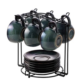 Leijosya 6 sets of 4OZ green coffee cup saucer sets, ceramic coffee cups with metal display racks, unique kiln enamel technology, suitable for tea, espresso, latte, cappuccino (6, Green, 4, ounces)