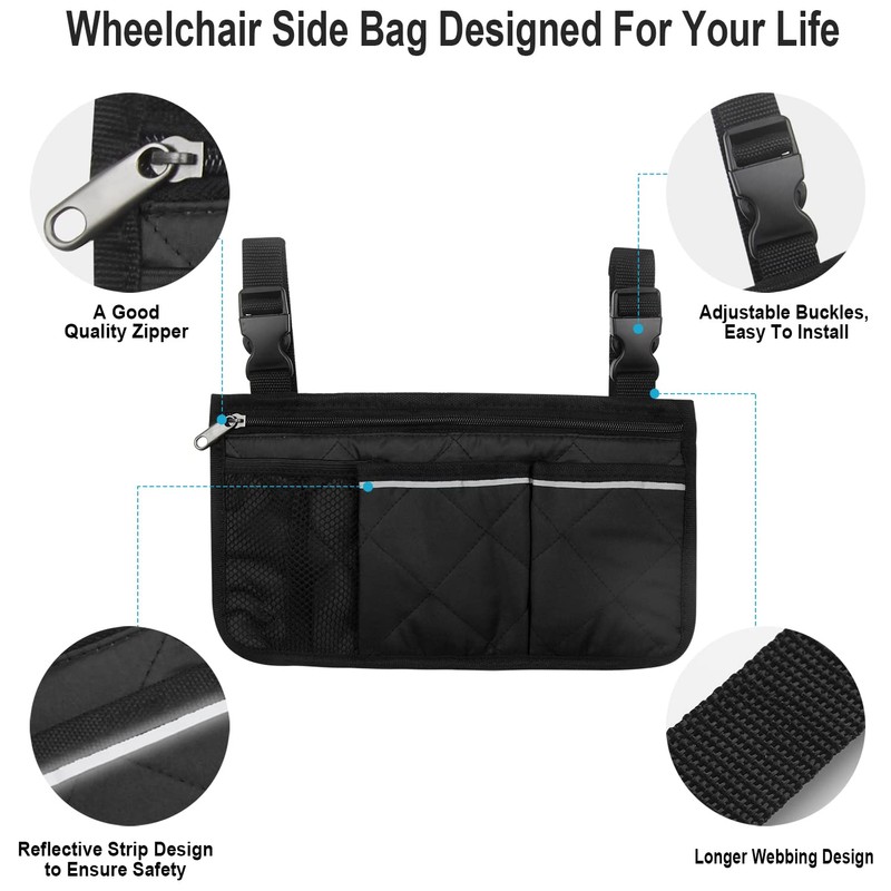 Wheelchair Side Organizer Storage Bag Armrest Pouch with Cup Holder
