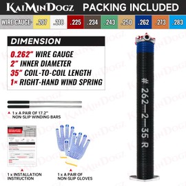 KaiMinDogz Right Hand Wind (Red Cone) 2" Garage Door Torsion Spring with Non-Slip Winding Bars & Gloves for Replacement, High Precision Electrophoresis Black Coated, MIN 16,000 Cycles (0.262x2"x35")