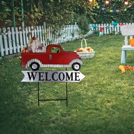 Metal Red Pickup Truck Yard Stake Interchangeable Welcome Sign Loads with Pumpkin Christmas Tree Fall Xmas Decor Seasonal Garden Decoration for Harvest Autumn Christmas Thanksgiving