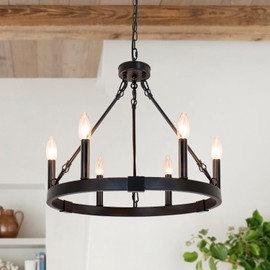 Puyveyor 19.5" 6 Lights Wagon Wheel Chandelier, Black Farmhouse Metal Round Industrial Kitchen Island Pendant Light for Living Dining Room Foyer Entryway, Height Adjustable, E12 Socket