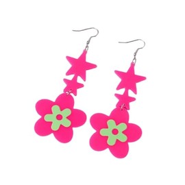 Todu 80s Neon Earrings for Women Boho Hot Pink Star Daisy Flower Acrylic Drop Dangle Y2k Vintage 60S 70S 80S Outfit Party Costume Accessories Jewelry