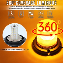 Amber Beacon Strobe Lights, 12-24V 16 Flashing Modes 60 LED Warning Lights with Magnetic Base,Traffic Safety Light for Construction Vehicles Tractor,Tow Trucks, Snow Plow (Amber, 1 Pc)