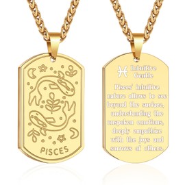 Zocomi Pisces Zodiac Sign Dog Tag Necklace for Men Constellation Stainless Steel Pendant Chain Astrology Horoscope Birthday Jewelry Gifts Him Age Gold