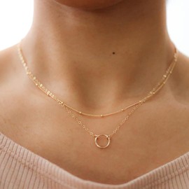 VIROMY Dainty Gold Layering Necklace Set for Women 14K Gold Plated Simple Double Layered Satellite Chain Circle Necklaces Everyday Multi Strand Dainty Jewelry Gift
