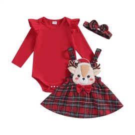 Geagodelia Christmas Outfit Baby Girl Reindeer Checked Suspender Skirt + Long Sleeve Bodysuit + Headband Newborn Christmas Dress My First Christmas Baby Clothing Set, 102501#Red