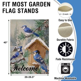 Artofy Welcome Winter Blue Bird Large Decorative House Flag, Christmas Blue Jay Birdhouse Pine Branches Yard Garden Outside Decor, Seasonal Snow Burlap Outdoor Home Decoration Double Sided 28 x 40