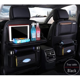 Car Backseat Organizer，Back Seat Organizer for Kids，PU Leather Car Back seat Organizer with Foldable Table Tray，Car Kick Mats Seat Back Protector Storage Pocket,car Organizer (Black, 1 Pack)
