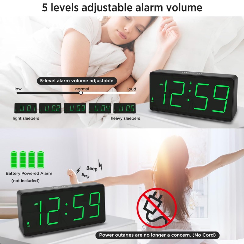 Peakeep Battery Operated Digital Alarm Clock for Bedrooms - Cordless