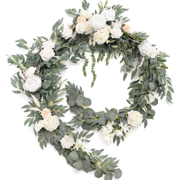 Ling's Moment 9FT Eucalyptus and Willow Leaf Garland with White Flower, Handcrafted Wedding Sweetheart Table Centerpieces Head Table Decor Arch Backdrop Decorations for Wedding | White & Sage