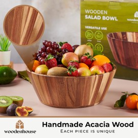Wooden Salad Bowl, Wood Bowl - 12" Round Design Large Salad Bowl for Serving, Fruit Bowls, Handmade, Durable and Stylish Natural Wood Dining Accessory by Woodenhouse