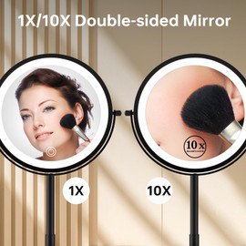 mumianshu Folding Travel Makeup Mirror with Lights and Magnification,7” Double Sided 1X/10X Lighted Magnifying Mirror with Rechargeable Battery,Brightness Adjustable,3 Color Lighting, Black