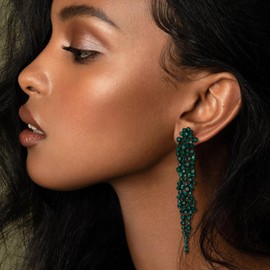 EVER FAITH Austrian Crystal Statement Clip-on Earring, Costume Jewelry Art Deco Banquet Prom Chandelier Long Dangle Earrings for Women Green Black-Tone