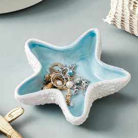 Starfish Shell Jewellery Dish Tray - Ceramic Trinket Holder for Rings, Earrings, Necklaces - Ocean-Inspired Decorative Jewellery Organiser - Durable Stoneware Gift for Women, Mum, Friends - Blue
