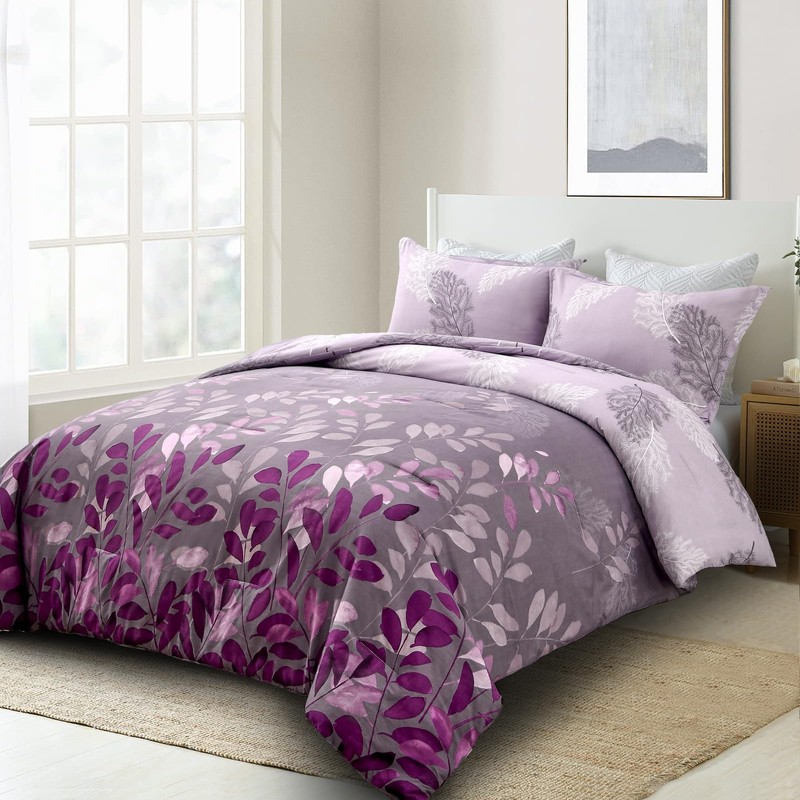 DJY Purple Comforter Set King, Botanical Leaves Comforter for King
