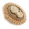 Vintage Inspired Clear Crystal Oval Beige Acrylic Cameo In Gold