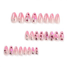 Glitter Love Heart Gem Fake Nails Romantic Valentine's Day Press on Nails Medium Length Almond Acrylic Glue on Nails Pink Gradient Reusable Stick on Nails for Women DIY Charm Manicure