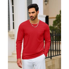 TACVASEN Mens Cotton Long Sleeve Shirts Casual Crew Neck Pocket Tees Work Shirts for Men Moisture Wicking Tomato Red S