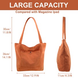 Dongawin Corduroy Tote Bag for Women Large Shoulder Bag with Zipper and Pockets for College School Work Travel Shopping, brown