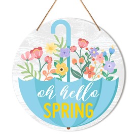 Muktoujaumai Hello Spring Door Sign, Spring Welcome Sign for Front Door Spring Hanging Sign Decorations Farmhouse Umbrella Decor Wall Sign for Porch, Patio, Home